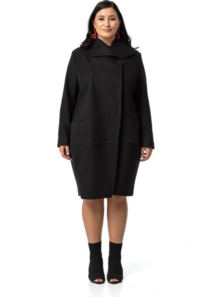 Büyük Beden Torba Cepli Tek Düğmeli Astarlı Siyah Kaşe Kaban