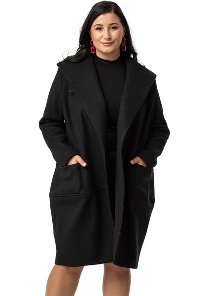 Büyük Beden Torba Cepli Tek Düğmeli Astarlı Siyah Kaşe Kaban fiyatları