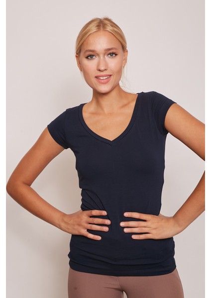 V Yaka Kısa Kol Likralı Pamuk Kumaş Body-Lacivert