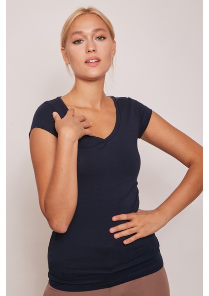 V Yaka Kısa Kol Likralı Pamuk Kumaş Body-Lacivert fiyatları
