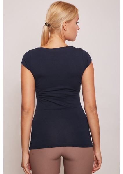 V Yaka Kısa Kol Likralı Pamuk Kumaş Body-Lacivert modelleri