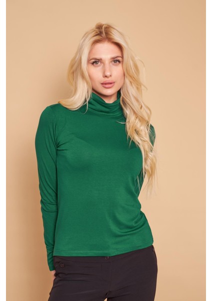 Balıkçı Yaka Uzun Kol Likralı Şık Kumaş Bluz Body-Yeşil