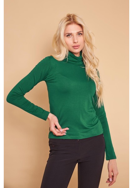 Balıkçı Yaka Uzun Kol Likralı Şık Kumaş Bluz Body-Yeşil fiyatları