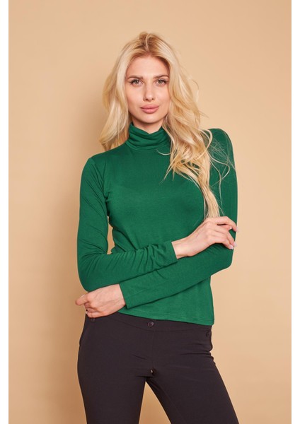 Balıkçı Yaka Uzun Kol Likralı Şık Kumaş Bluz Body-Yeşil modelleri