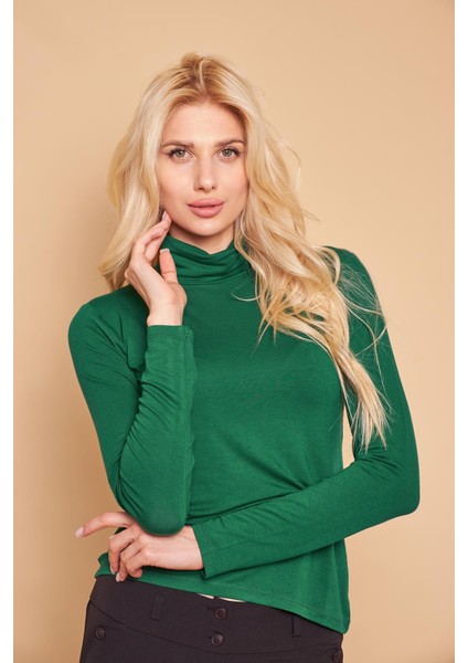 Balıkçı Yaka Uzun Kol Likralı Şık Kumaş Bluz Body-Yeşil fırsatları