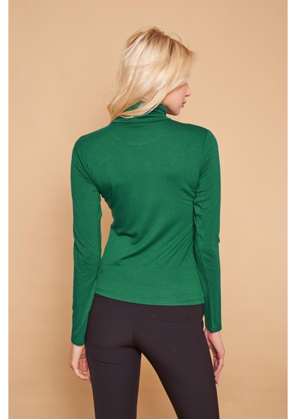 Balıkçı Yaka Uzun Kol Likralı Şık Kumaş Bluz Body-Yeşil indirimleri