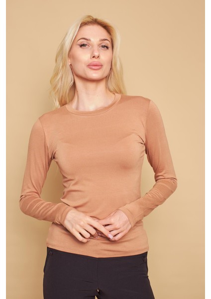 Sıfır Yaka Uzun Kol Likralı Şık Kumaş Bluz Body-Koyu Bej