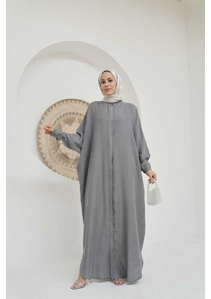 6571-TAŞLI Tensel Abaya Gri