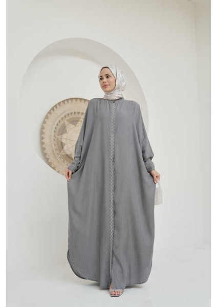 6571-TAŞLI Tensel Abaya Gri