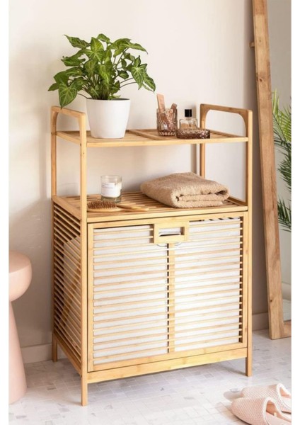 Bambu Xl Kirli Sepetli 2 Raflı Çok Amaçlı Banyo Düzenleyici Çamaşır Sepeti Organizer DB-0004