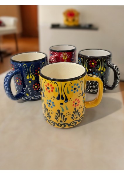 Dekoratif Çini Işlemeli Büyük Kupa, Duble Kahve Fincanı, Ayran Bardağı, Meşrubat Bardağı 4 Adet