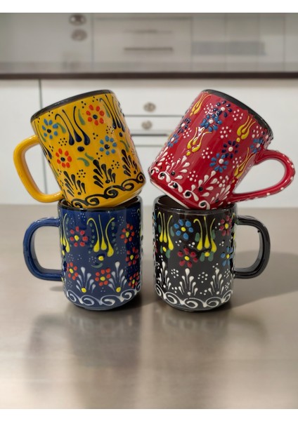 Dekoratif Çini Işlemeli Büyük Kupa, Duble Kahve Fincanı, Ayran Bardağı, Meşrubat Bardağı 4 Adet