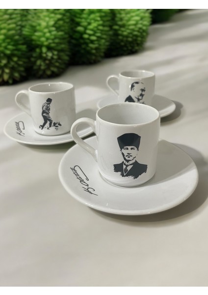 Dekoratif Mustafa Kemal Atatürk Baskılı 3 Adet Porselen Türk Kahve Fincan Takımı
