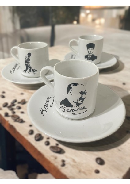 Dekoratif Mustafa Kemal Atatürk Baskılı 3 Adet Porselen Türk Kahve Fincan Takımı