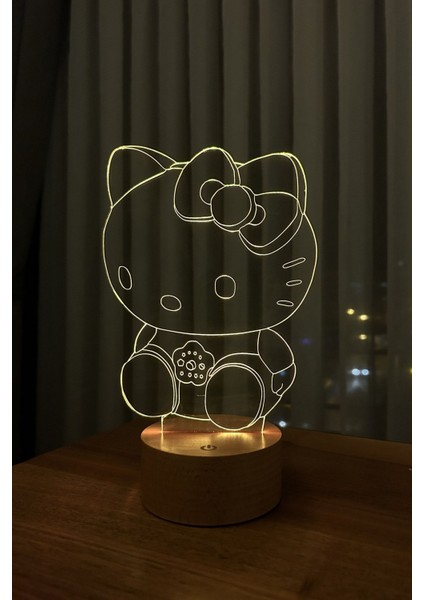 Masa Üstü Hello Kitty Figürlü Dekoratif Hediye LED Masa Lambası | 7 Işık Rengi | Ahşap Taban Kablos modelleri