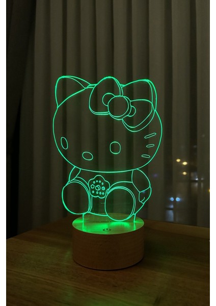 Masa Üstü Hello Kitty Figürlü Dekoratif Hediye LED Masa Lambası | 7 Işık Rengi | Ahşap Taban Kablos indirimleri