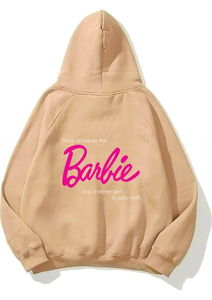 Kapüşonlu Içi Polar Think Of Barbie Baskılı Bej Unisex Sweatshirt