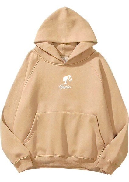 Kapüşonlu Içi Polar Think Of Barbie Baskılı Bej Unisex Sweatshirt fiyatları