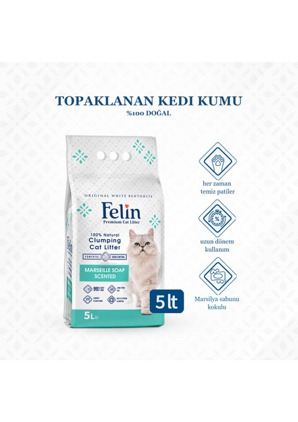 Marsilya Sabunu Kokulu Topaklanan İnce Taneli Kedi Kumu 5l