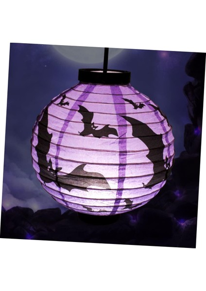 Halloween Japon Feneri LED Pilli 20 cm Mor Yarasa modelleri