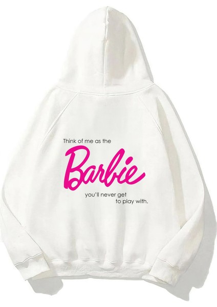 Kapüşonlu Içi Polar Think Of Barbie Baskılı Beyaz Unisex Sweatshirt