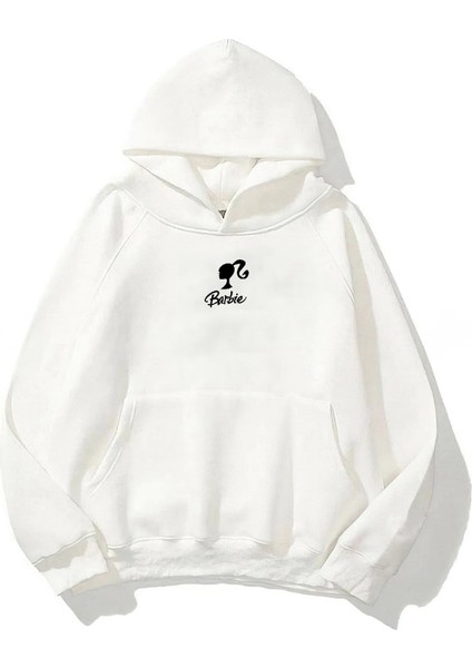 Kapüşonlu Içi Polar Think Of Barbie Baskılı Beyaz Unisex Sweatshirt