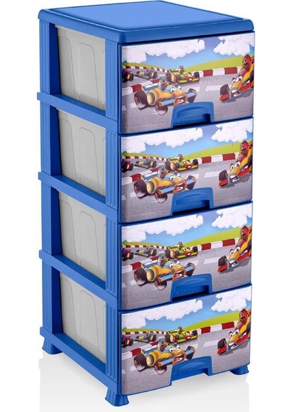 4 Çekmece Mavi Arabalar Desenli Büyükboy Ultra Lüks Komidin Yüksekliği 93CM 43X38 Plastik Dolap Raf