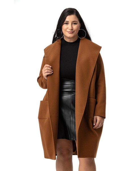 Büyük Beden Torba Cepli Tek Düğmeli Astarlı Kahverengi Kaşe Kaban fiyatları