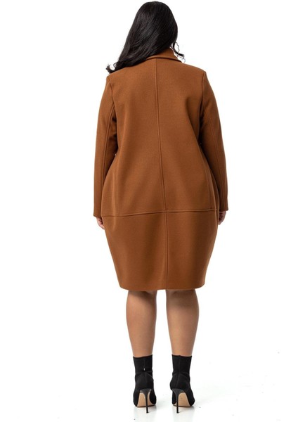 Büyük Beden Torba Cepli Tek Düğmeli Astarlı Kahverengi Kaşe Kaban modelleri