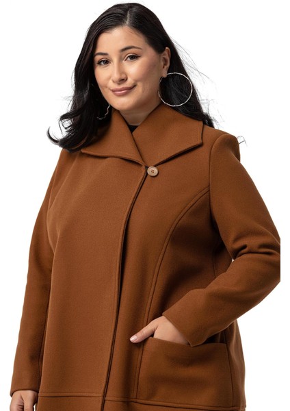 Büyük Beden Torba Cepli Tek Düğmeli Astarlı Kahverengi Kaşe Kaban fırsatları