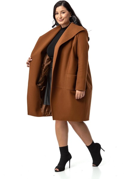 Büyük Beden Torba Cepli Tek Düğmeli Astarlı Kahverengi Kaşe Kaban indirimleri