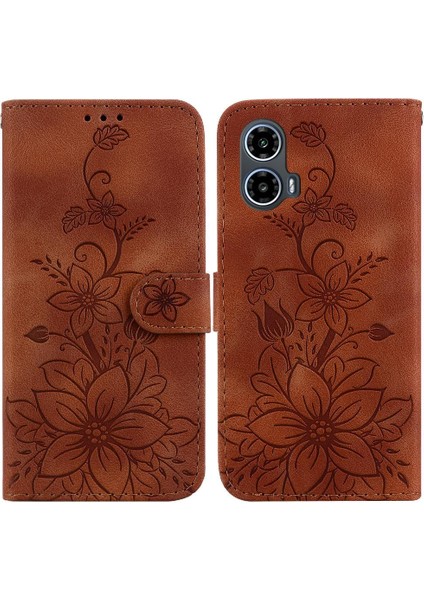 Motorola Moto G24 Kickstand Cüzdan Kabartmalı Zambak Manyetik Için Flip Case (Yurt Dışından)