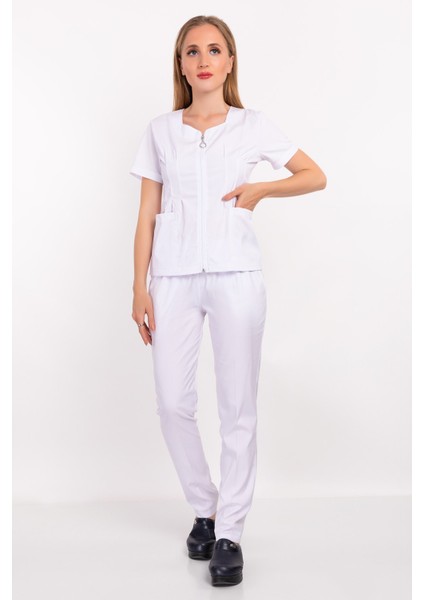 Beyaz Renk Lily Model Fermuarlı Soft Likra Doktor, Hemşire Cerrahi Üniforma Takım