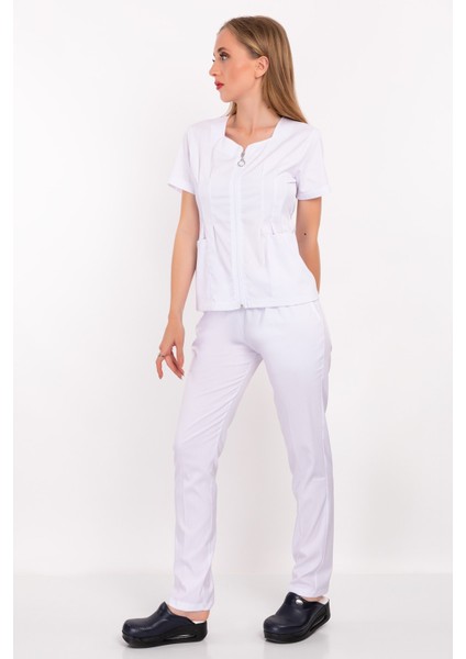 Beyaz Renk Lily Model Fermuarlı Soft Likra Doktor, Hemşire Cerrahi Üniforma Takım fiyatları