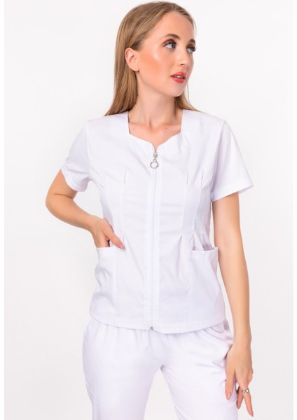 Beyaz Renk Lily Model Fermuarlı Soft Likra Doktor, Hemşire Cerrahi Üniforma Takım modelleri