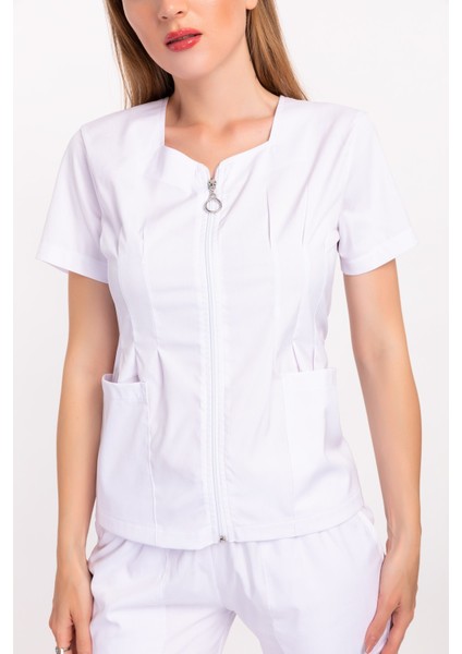 Beyaz Renk Lily Model Fermuarlı Soft Likra Doktor, Hemşire Cerrahi Üniforma Takım fırsatları