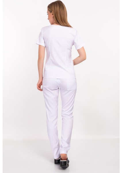 Beyaz Renk Lily Model Fermuarlı Soft Likra Doktor, Hemşire Cerrahi Üniforma Takım indirimleri