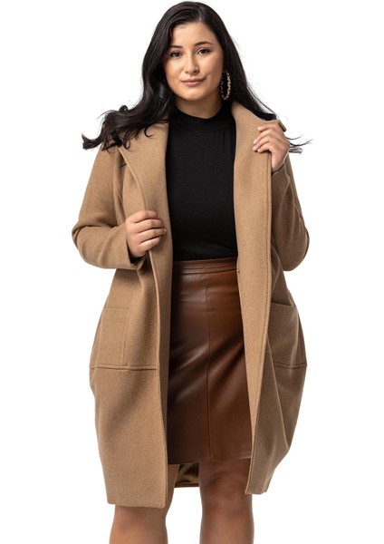 Büyük Beden Torba Cepli Tek Düğmeli Astarlı Vizon Kaşe Kaban fiyatları