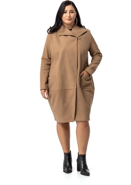 Büyük Beden Torba Cepli Tek Düğmeli Astarlı Vizon Kaşe Kaban