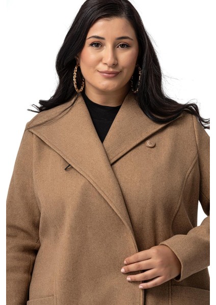 Büyük Beden Torba Cepli Tek Düğmeli Astarlı Vizon Kaşe Kaban fırsatları