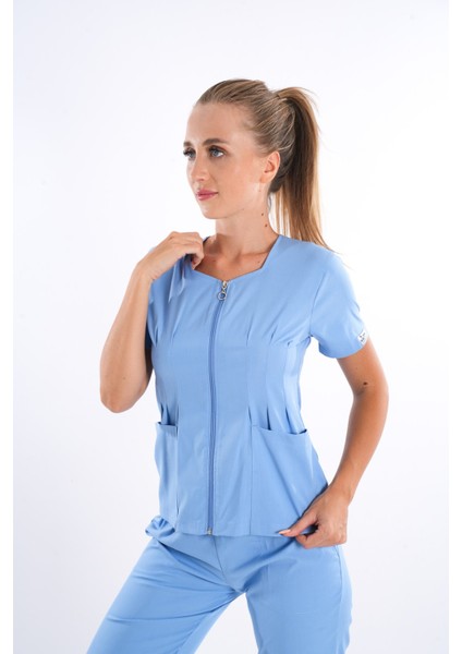 Bebe Mavi Renk Lily Model Fermuarlı Soft Likra Doktor, Hemşire Cerrahi Üniforma Takım fiyatları