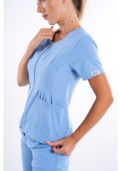 Bebe Mavi Renk Lily Model Fermuarlı Soft Likra Doktor, Hemşire Cerrahi Üniforma Takım fırsatları