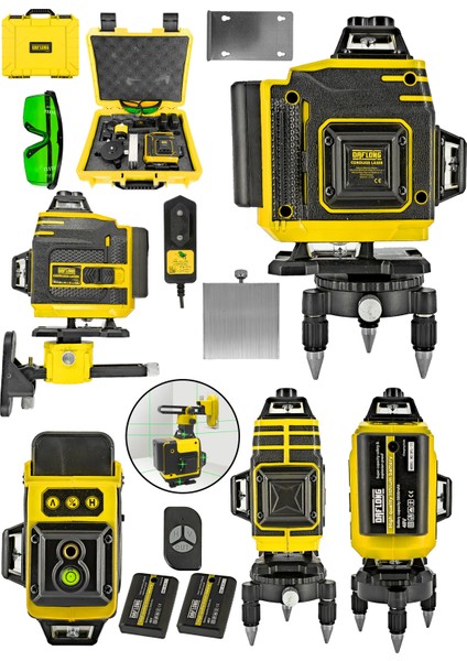 Şarjlı Çift Akülü Profesyonel 4 Köşe 4×360 16 Satır Yeşil Çizgi Lazer Hizalama-Sarı