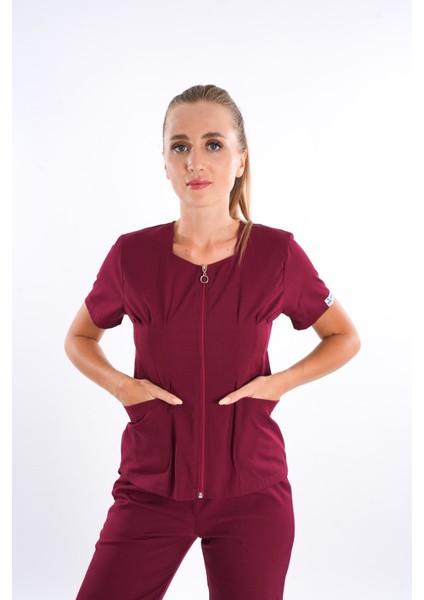 Bordo Renk Lily Model Fermuarlı Soft Likra Doktor, Hemşire Cerrahi Üniforma Takım fiyatları
