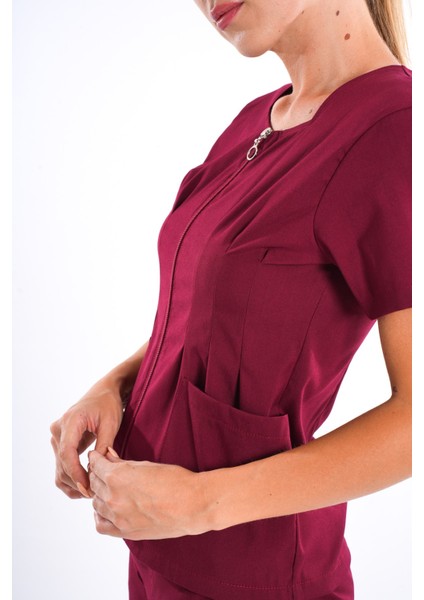 Bordo Renk Lily Model Fermuarlı Soft Likra Doktor, Hemşire Cerrahi Üniforma Takım fırsatları