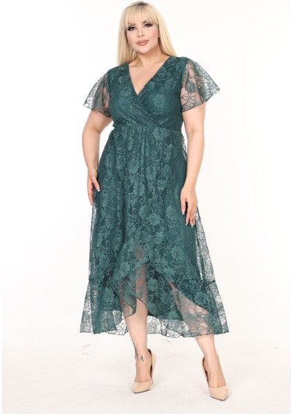 Kruvaze Yaka Büyük Beden Yeşil Dantel Elbise 15D-2582
