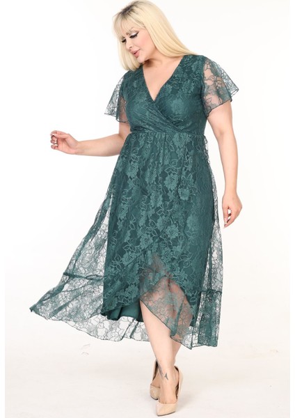 Kruvaze Yaka Büyük Beden Yeşil Dantel Elbise 15D-2582 fiyatları