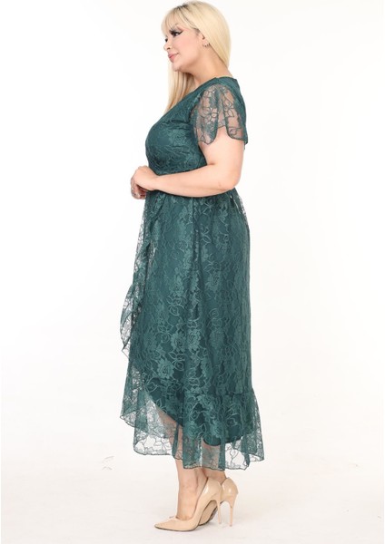 Kruvaze Yaka Büyük Beden Yeşil Dantel Elbise 15D-2582 modelleri