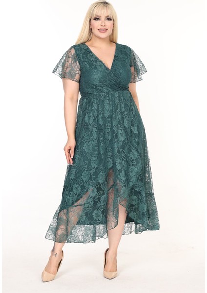 Kruvaze Yaka Büyük Beden Yeşil Dantel Elbise 15D-2582 fırsatları