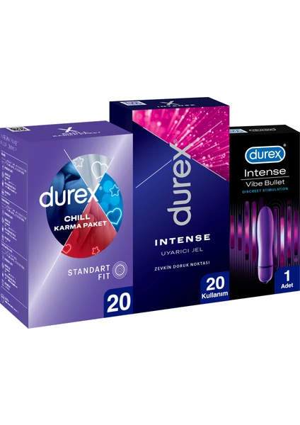 Chill Prezervatif 20’li +Durex Intense Vibe Bullet Titreşimli Vibratör +Intense Uyarıcı Jel, 10 ml